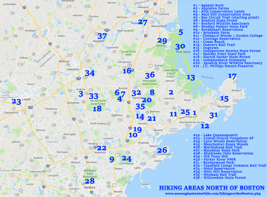Map of hiking trails north of Boston