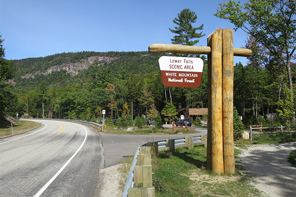 trailhead sign on the Kancamagus Highway for Lower Falls, Albany, New Hampshire