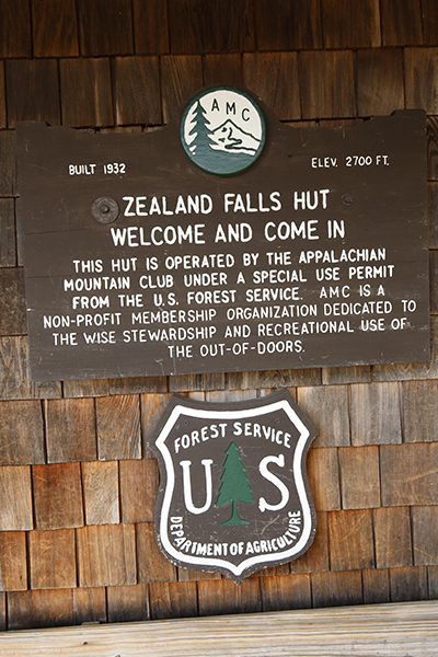 Zealand Falls Hut sign
