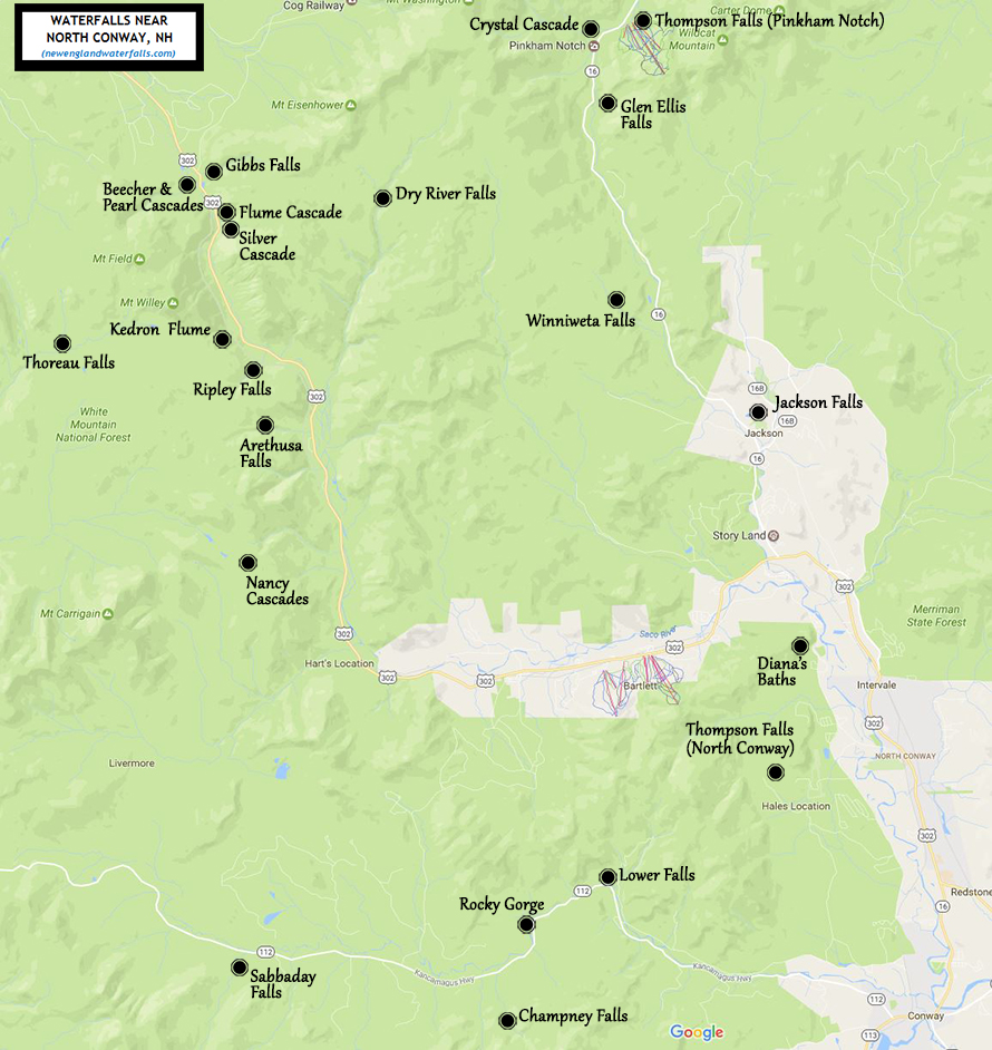 map of waterfalls near North Conway
